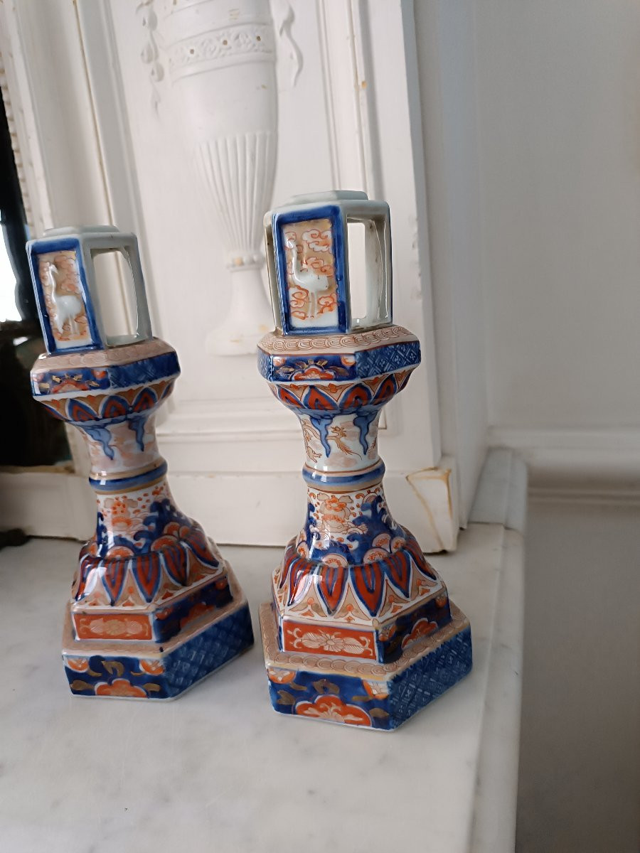 Paire de bougeoirs en porcelaine Imari-photo-2
