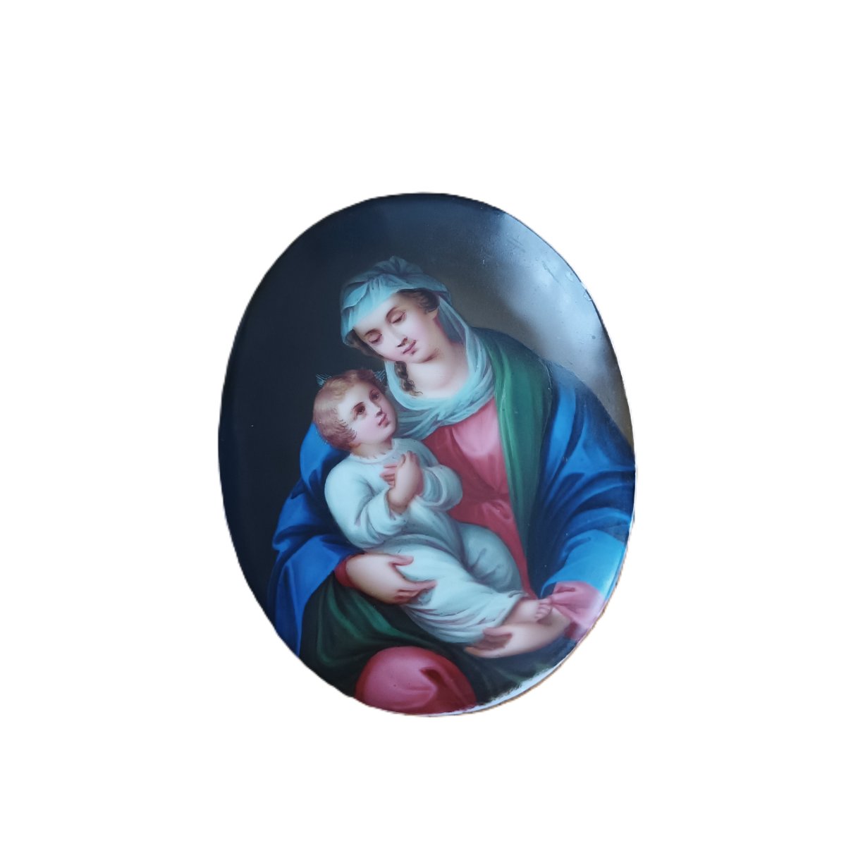 Miniature en porcelaine peinte vierge à l 'enfant .