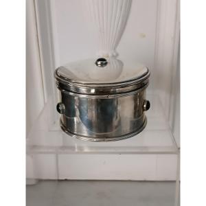 Boite en métal argenté ornée de cabochons de verre 