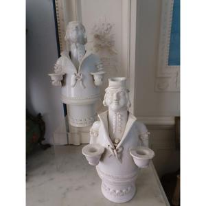 Pair Of Malicorne Earthenware Candlesticks