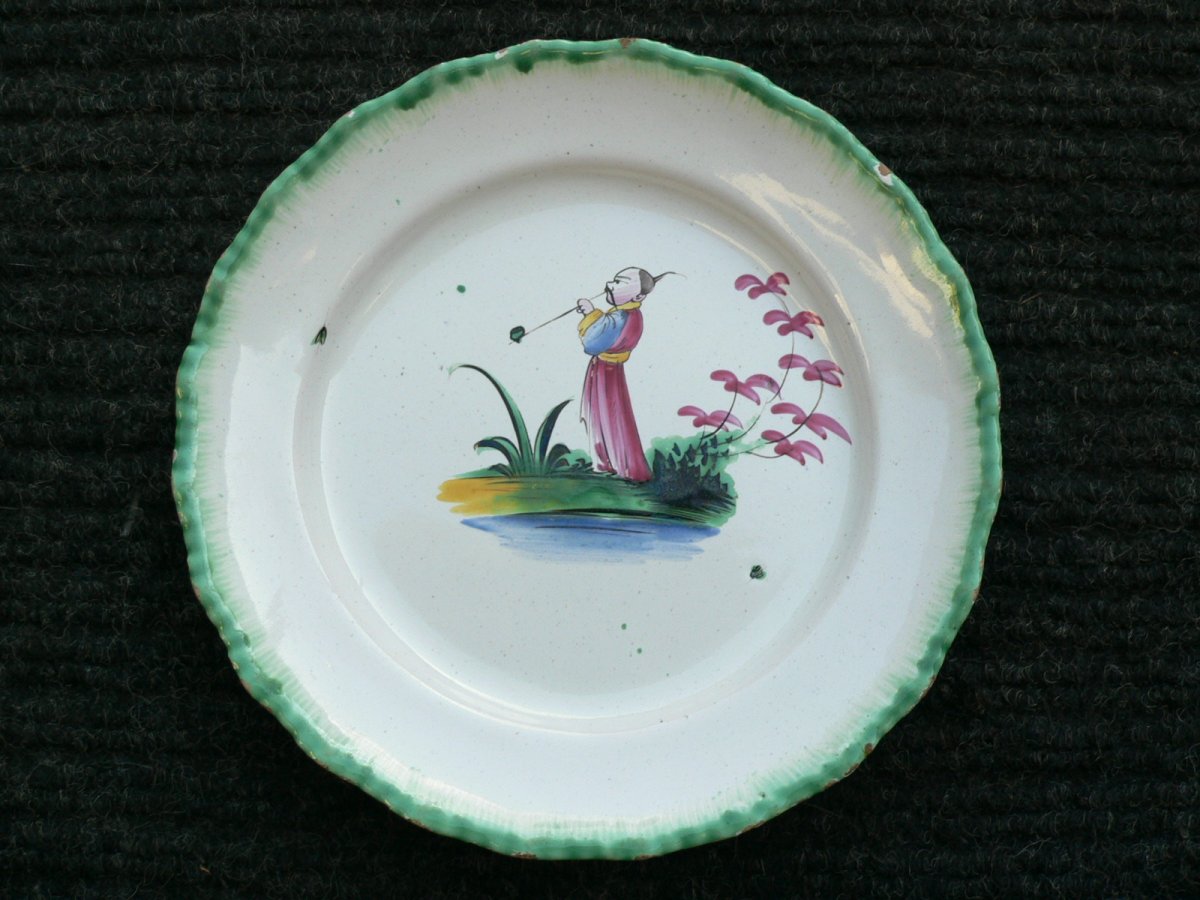 Earthenware Plate Nineteenth Rambervillers Representative A Chinese Smoking Pipe.