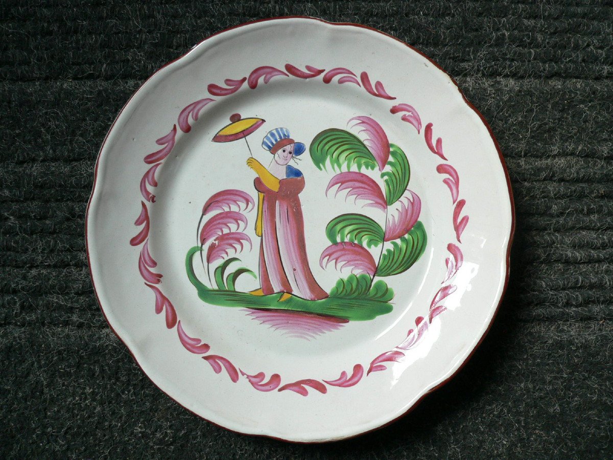 Plate In Earthenware Of Islettes XIXth Decor Madame Bernard With Umbrella