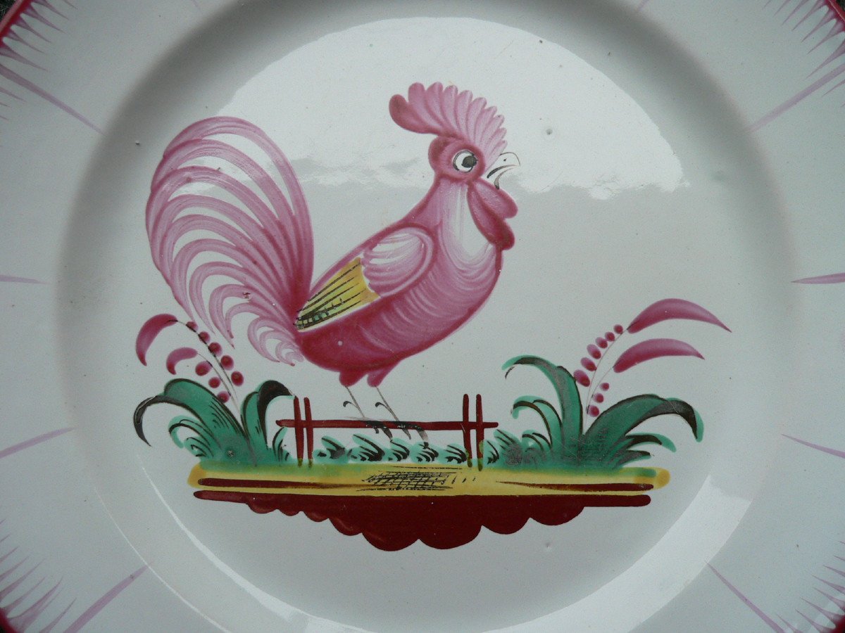 Assiette En Faïence Des Islettes XIXème à Décor Au Coq Sur Barrière-photo-2