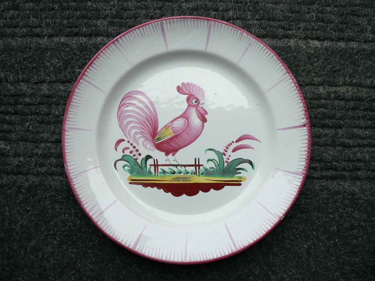 XIXth Islettes Earthenware Plate With Rooster On Barrier Decor