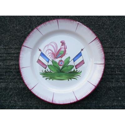 Revolutionary Plate In Earthenware From Islettes XIXth Rooster With Flags