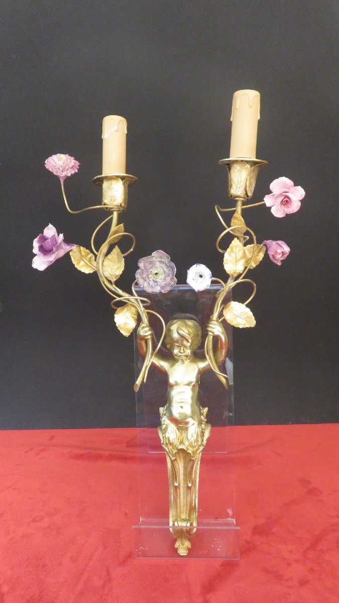 Pair Of Gilt Bronze Sconces With Porcelain Flowers, XIXth Century-photo-4