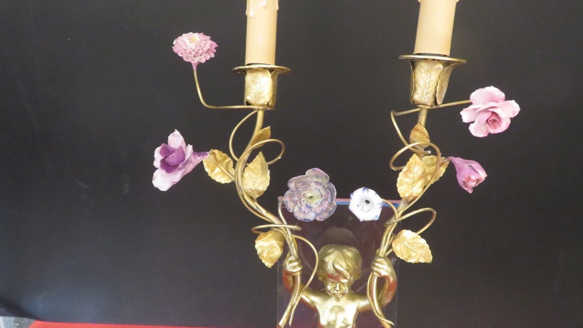 Pair Of Gilt Bronze Sconces With Porcelain Flowers, XIXth Century-photo-2