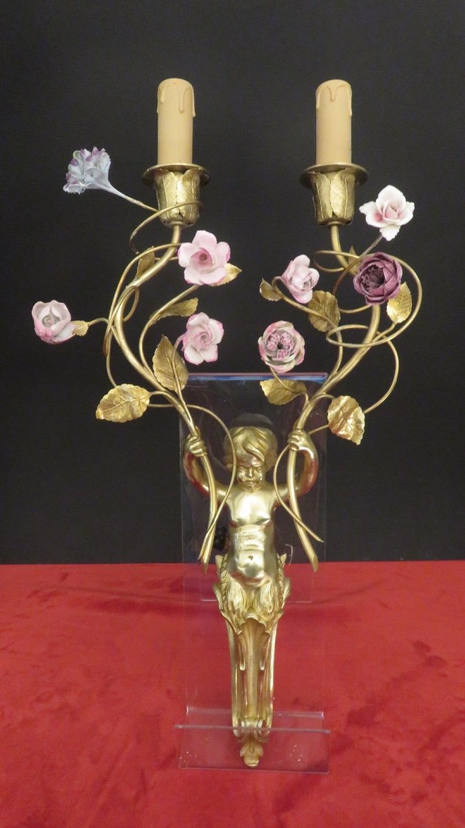 Pair Of Gilt Bronze Sconces With Porcelain Flowers, XIXth Century-photo-5