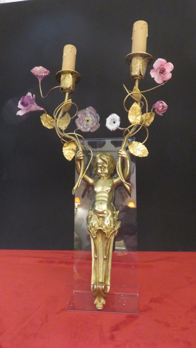 Pair Of Gilt Bronze Sconces With Porcelain Flowers, XIXth Century-photo-6