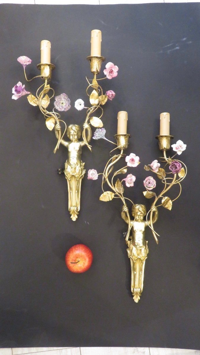 Pair Of Gilt Bronze Sconces With Porcelain Flowers, XIXth Century-photo-7