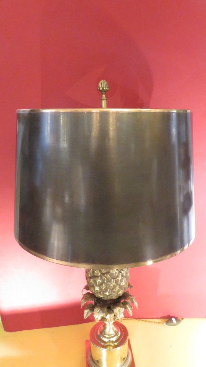 Lampe à l'ananas SIGNEE de la maison Charles ,en bronze et laiton doré , abat jour d'origine  années 1950-photo-1