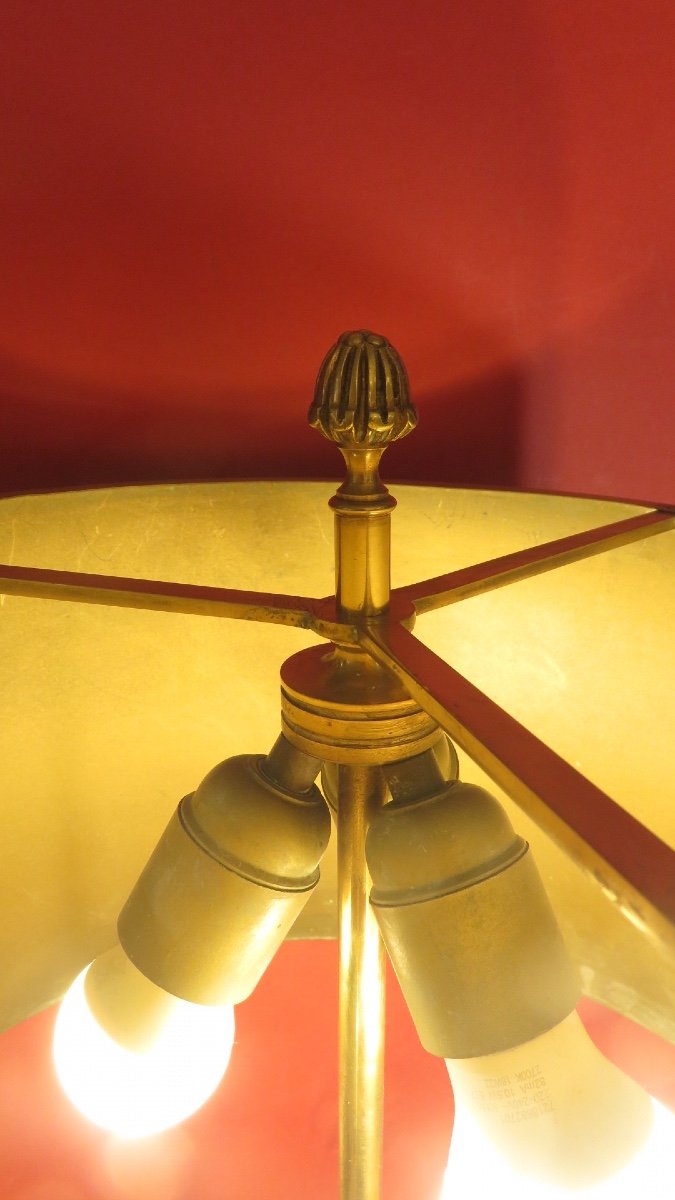 Lampe à l'ananas SIGNEE de la maison Charles ,en bronze et laiton doré , abat jour d'origine  années 1950-photo-2