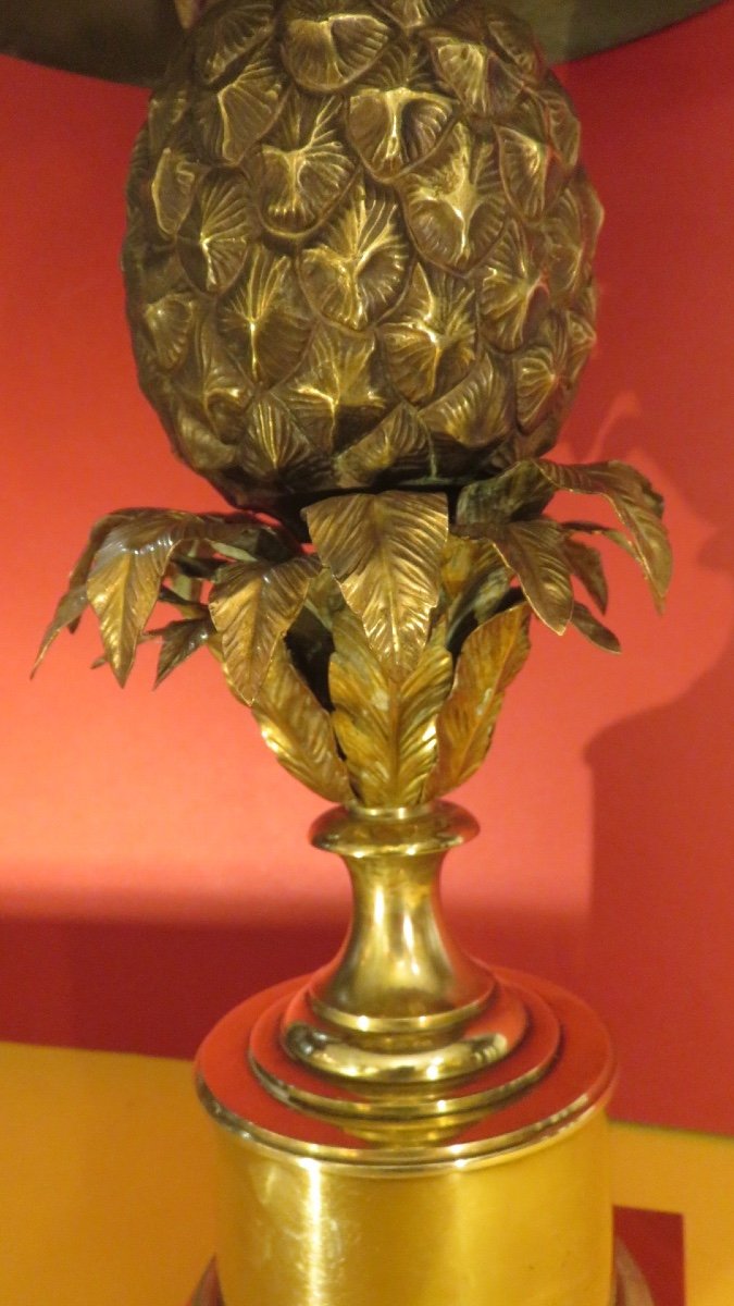 Lampe à l'ananas SIGNEE de la maison Charles ,en bronze et laiton doré , abat jour d'origine  années 1950-photo-5