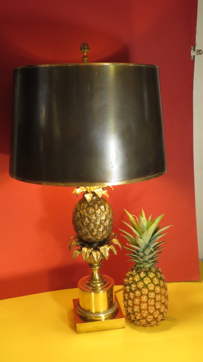 Lampe à l'ananas SIGNEE de la maison Charles ,en bronze et laiton doré , abat jour d'origine  années 1950-photo-8