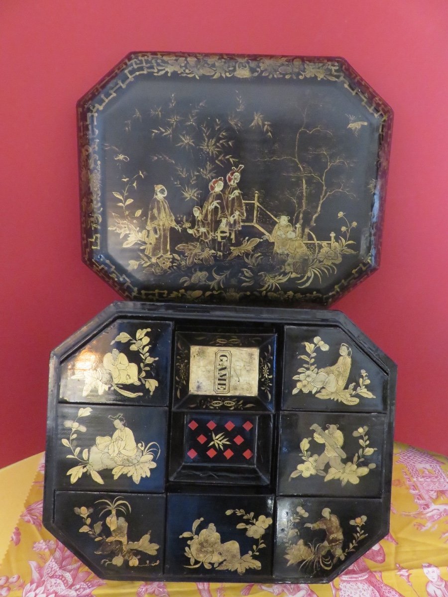 Large Chinese Games Box, For English Export, In XIX Canton Lacquer-photo-3