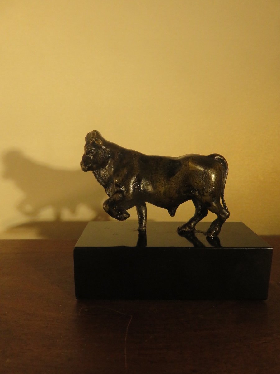 Petit bronze animalier : taureau sur un socle marbre noir  XIX ème-photo-2