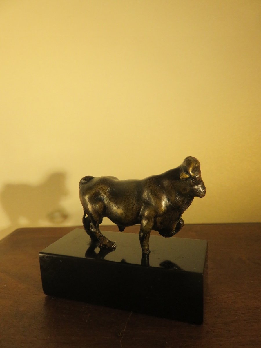 Petit bronze animalier : taureau sur un socle marbre noir  XIX ème-photo-1