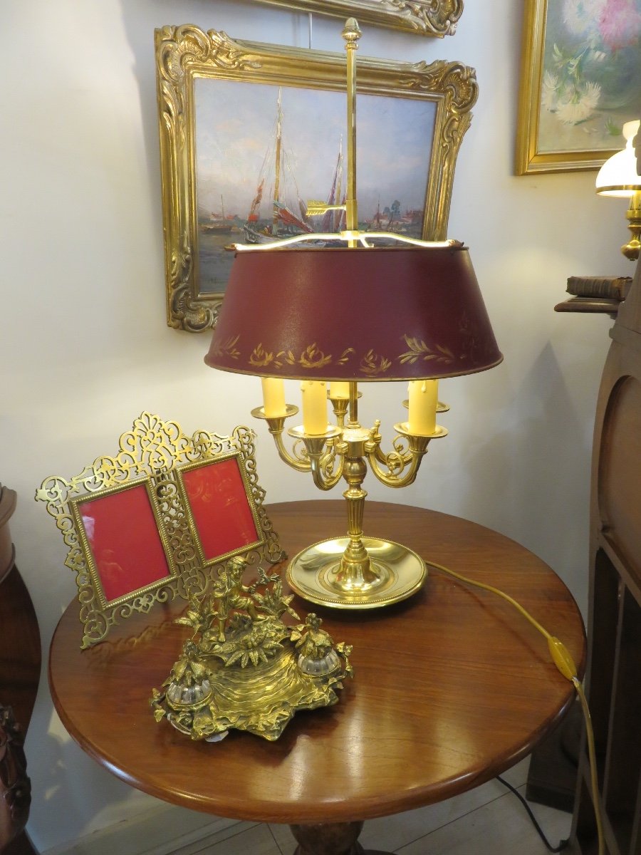Lampe bouillotte à cinq bras de lumières en bronze doré XXème-photo-7
