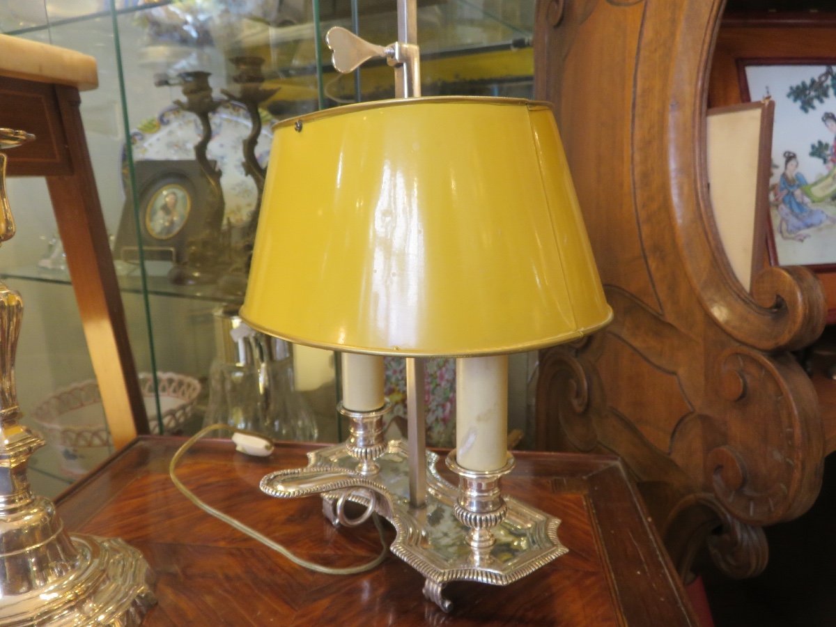 Lampe bouillotte à main à deux feux , en bronze argenté début XXème-photo-3