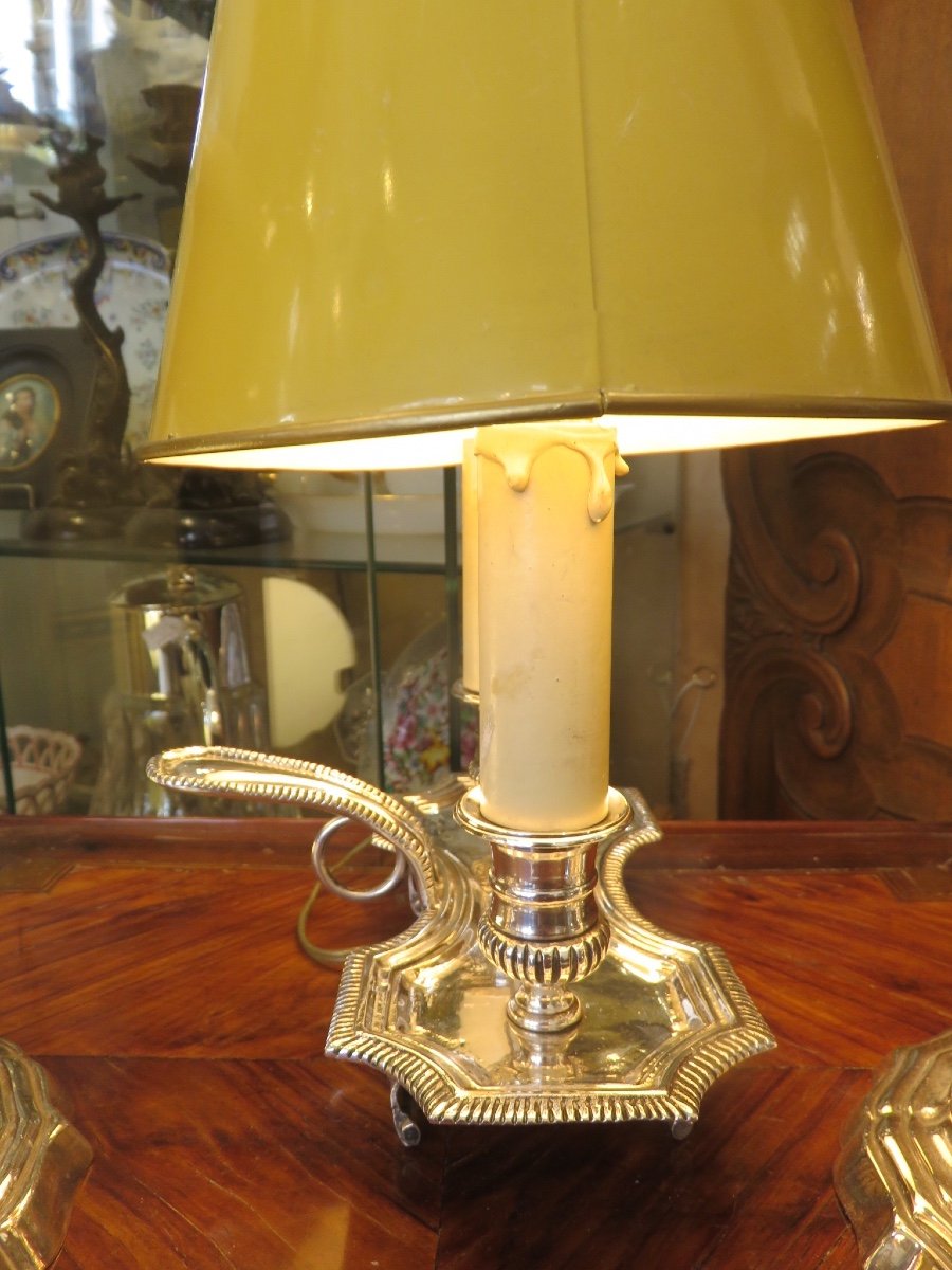 Lampe bouillotte à main à deux feux , en bronze argenté début XXème-photo-4