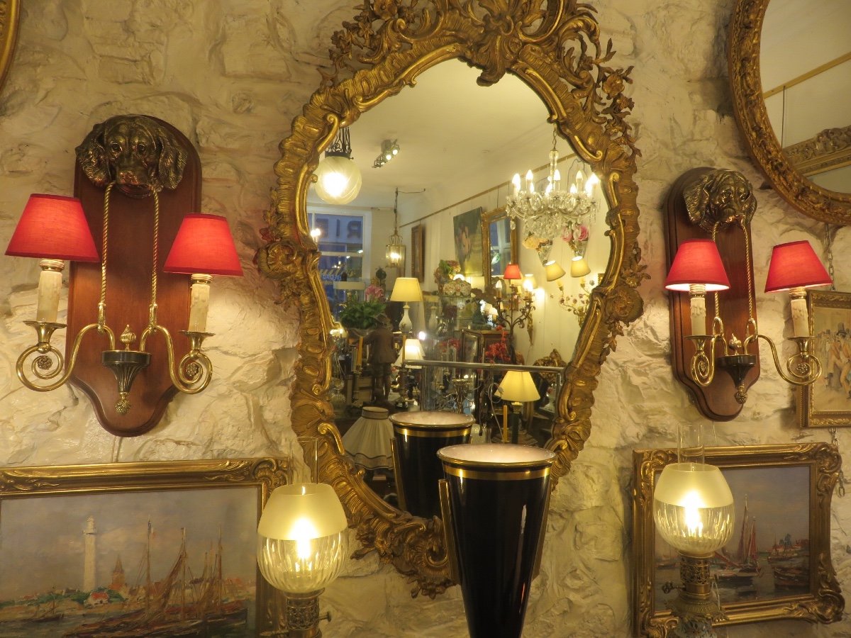 Paire d'appliques à tête de chien en bronze et laiton support en  bois , années 1950-photo-2