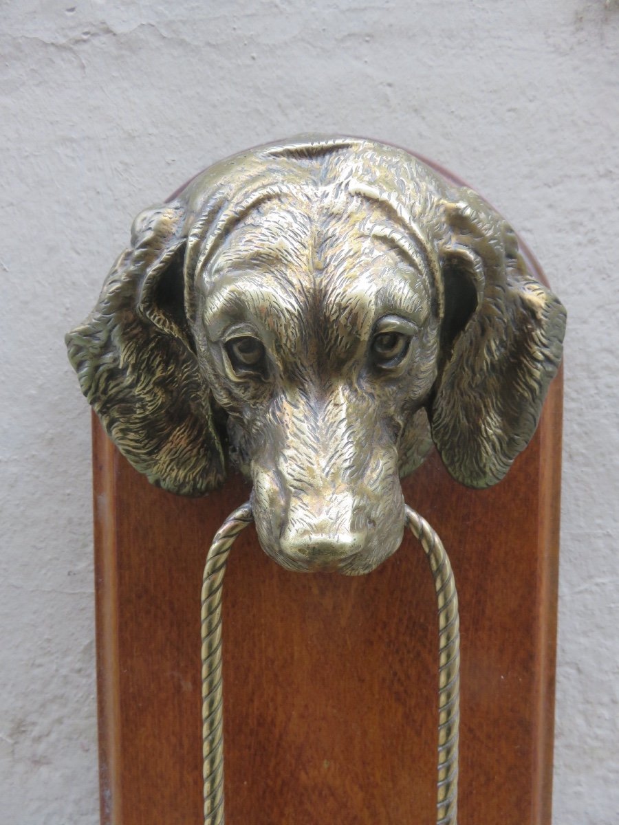 Paire d'appliques à tête de chien en bronze et laiton support en  bois , années 1950-photo-4