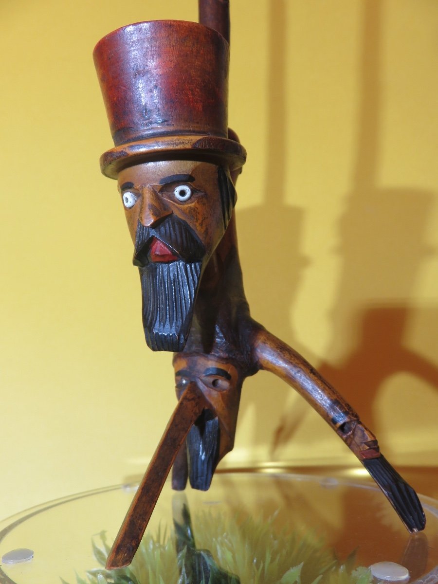 Pipe En Bois Sculpté  : visages d'hommes , Art Populaire 