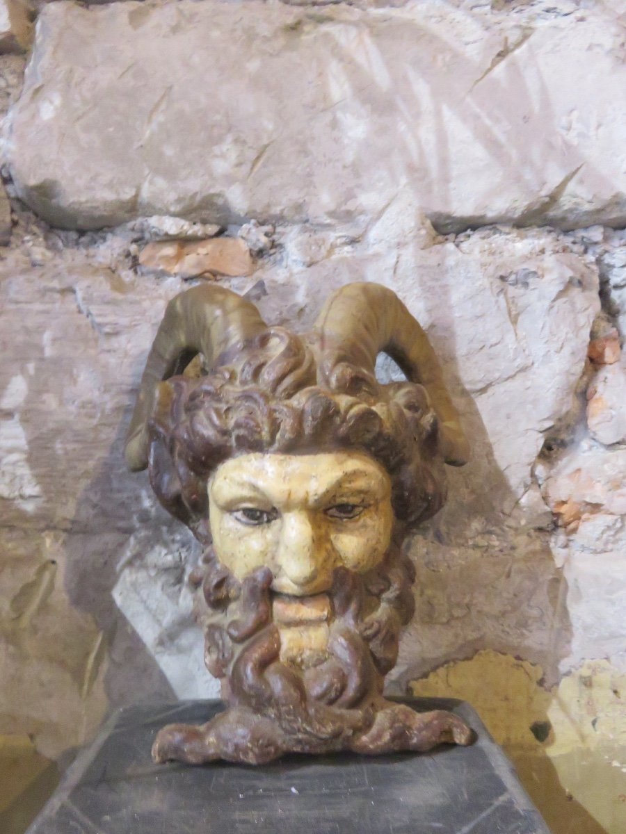 Tête de satyre sculptée en fonte polychrome XIX ème avec son présentoir  en acier -photo-4