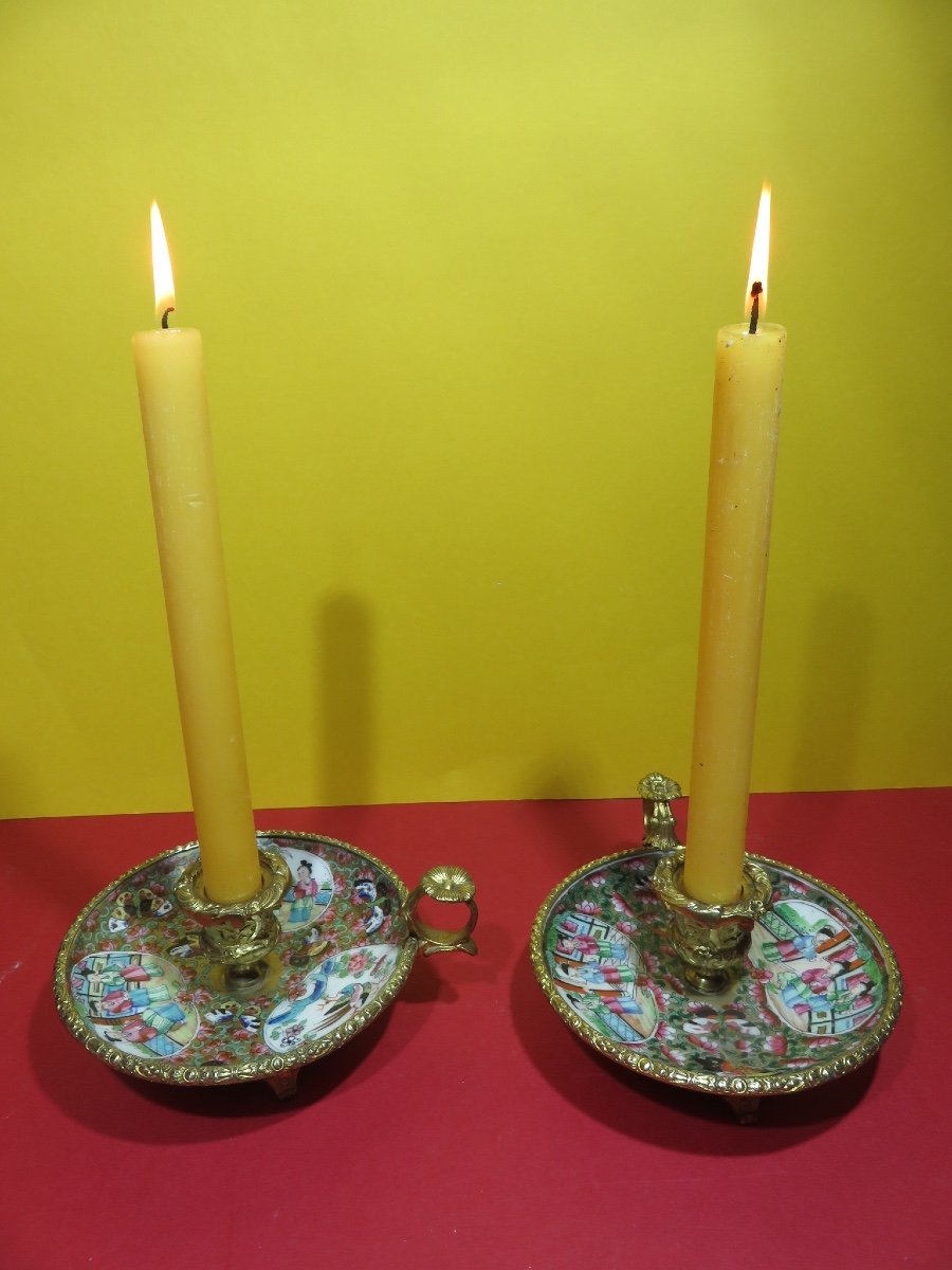 Pair Of Hand Candlesticks In Canton Porcelain And Gilt Bronze 19th Century-photo-5