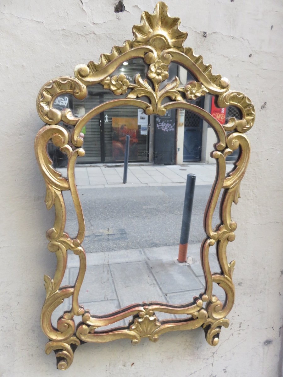 Mirror With Glazing Beads In Carved And Gilded Wood, (height 85 Cm) XIX Th-photo-2