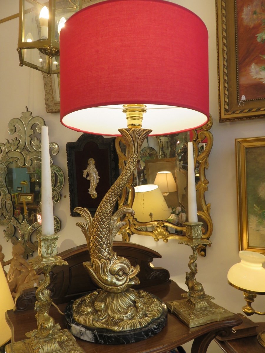 Lampe Dauphin en bronze doré  ( hauteur avec douille 53 cm)  socle en marbre XX ème -photo-3