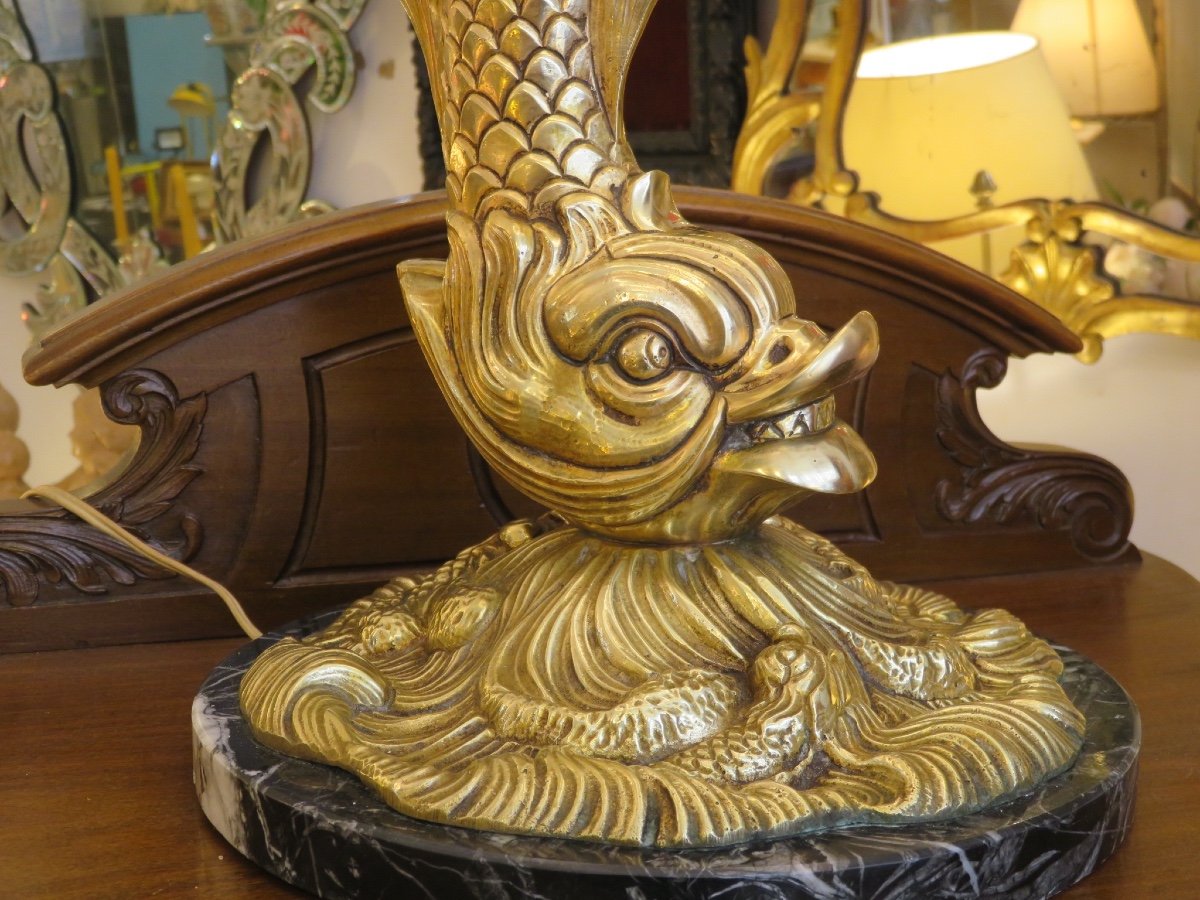 Lampe Dauphin en bronze doré  ( hauteur avec douille 53 cm)  socle en marbre XX ème -photo-2