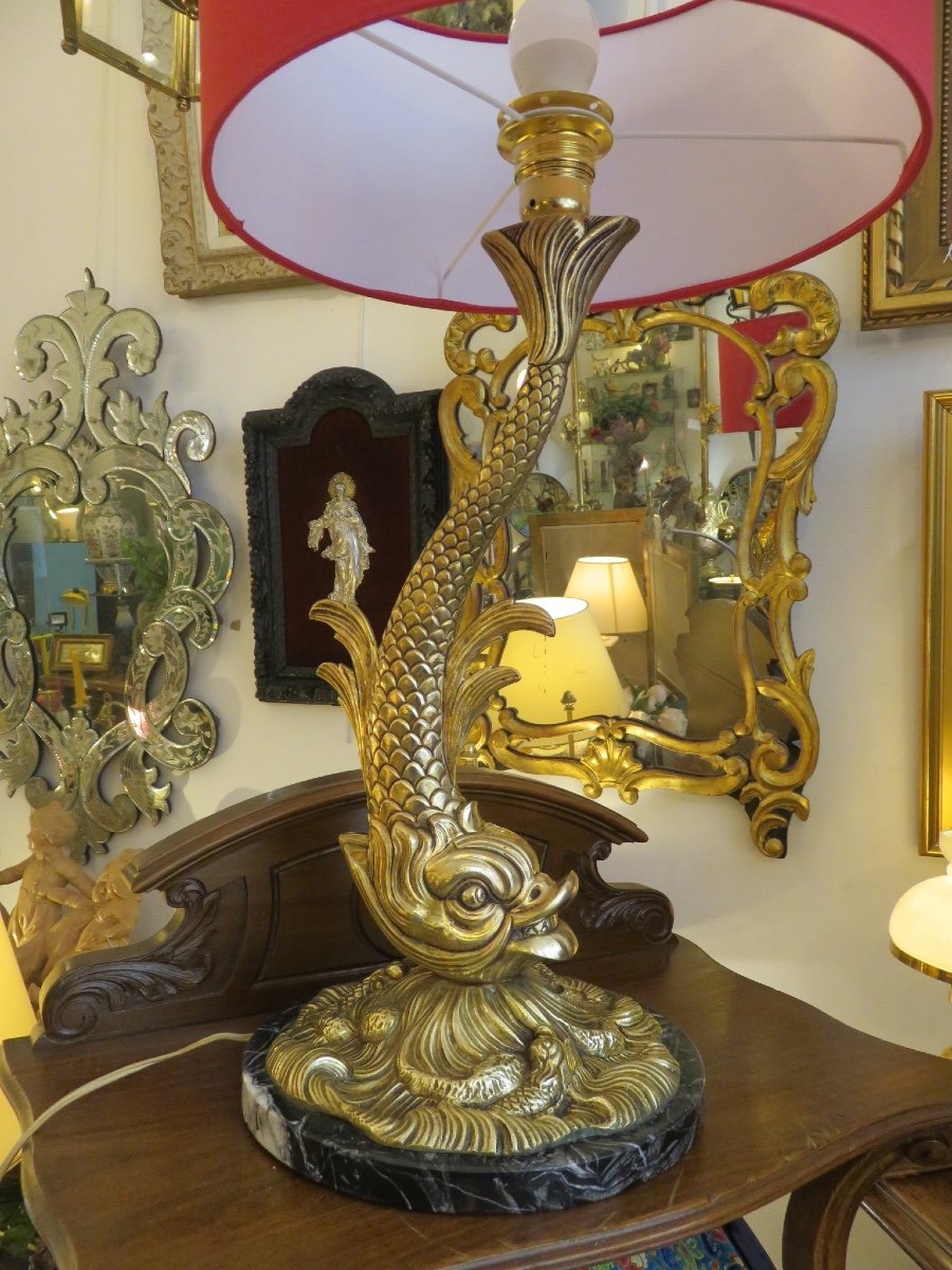 Lampe Dauphin en bronze doré  ( hauteur avec douille 53 cm)  socle en marbre XX ème -photo-3