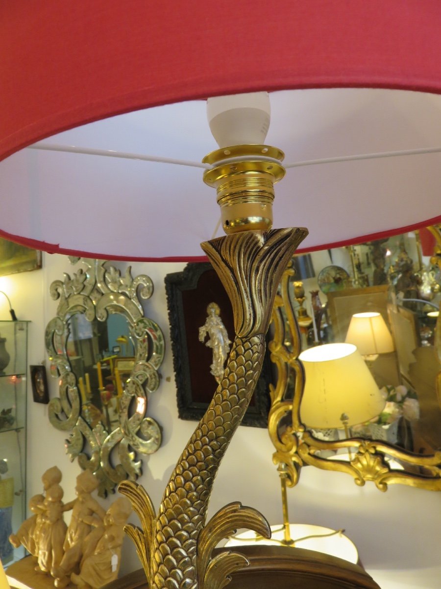 Lampe Dauphin en bronze doré  ( hauteur avec douille 53 cm)  socle en marbre XX ème -photo-4