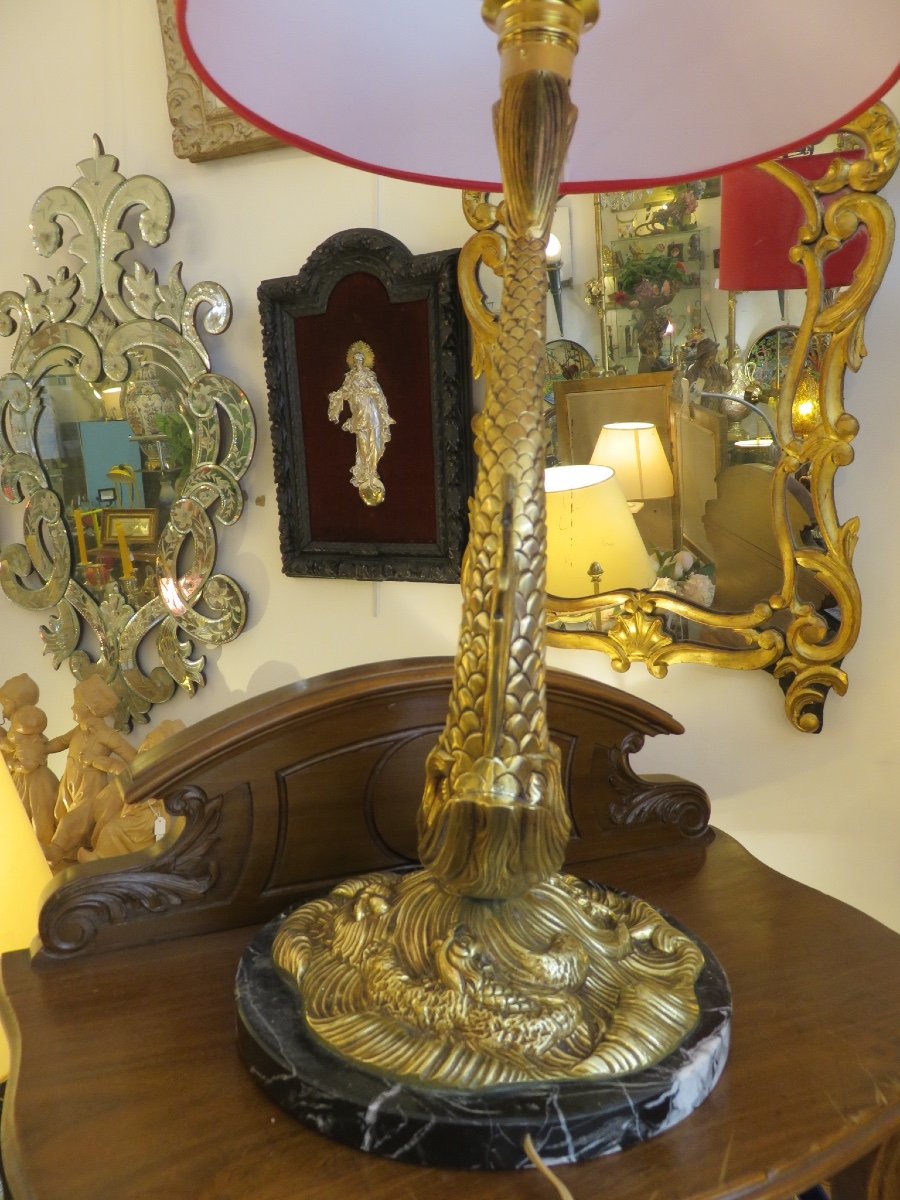 Lampe Dauphin en bronze doré  ( hauteur avec douille 53 cm)  socle en marbre XX ème -photo-5