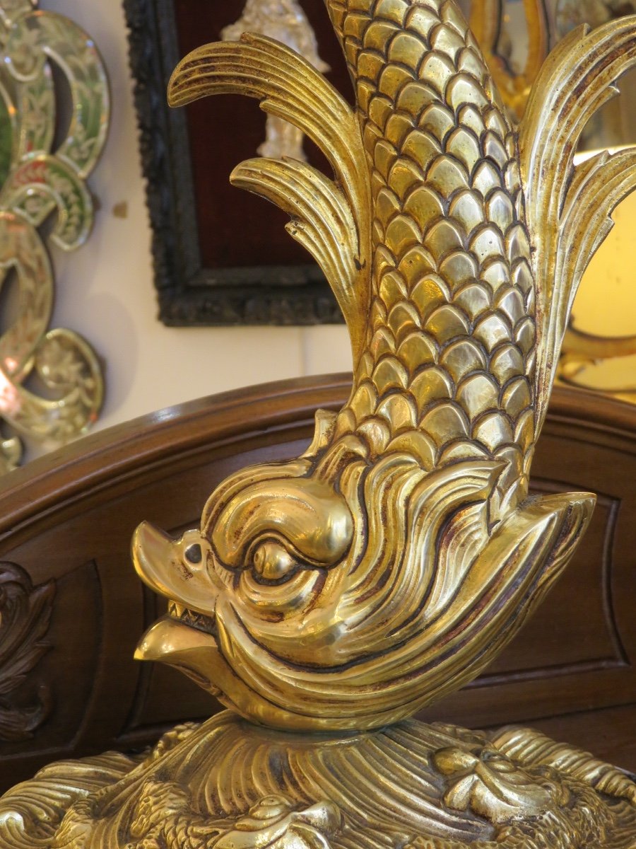 Lampe Dauphin en bronze doré  ( hauteur avec douille 53 cm)  socle en marbre XX ème -photo-6