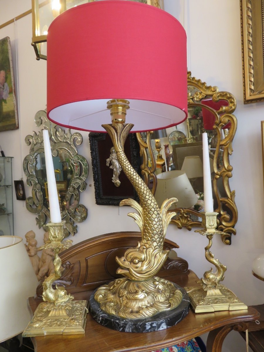 Lampe Dauphin en bronze doré  ( hauteur avec douille 53 cm)  socle en marbre XX ème -photo-7