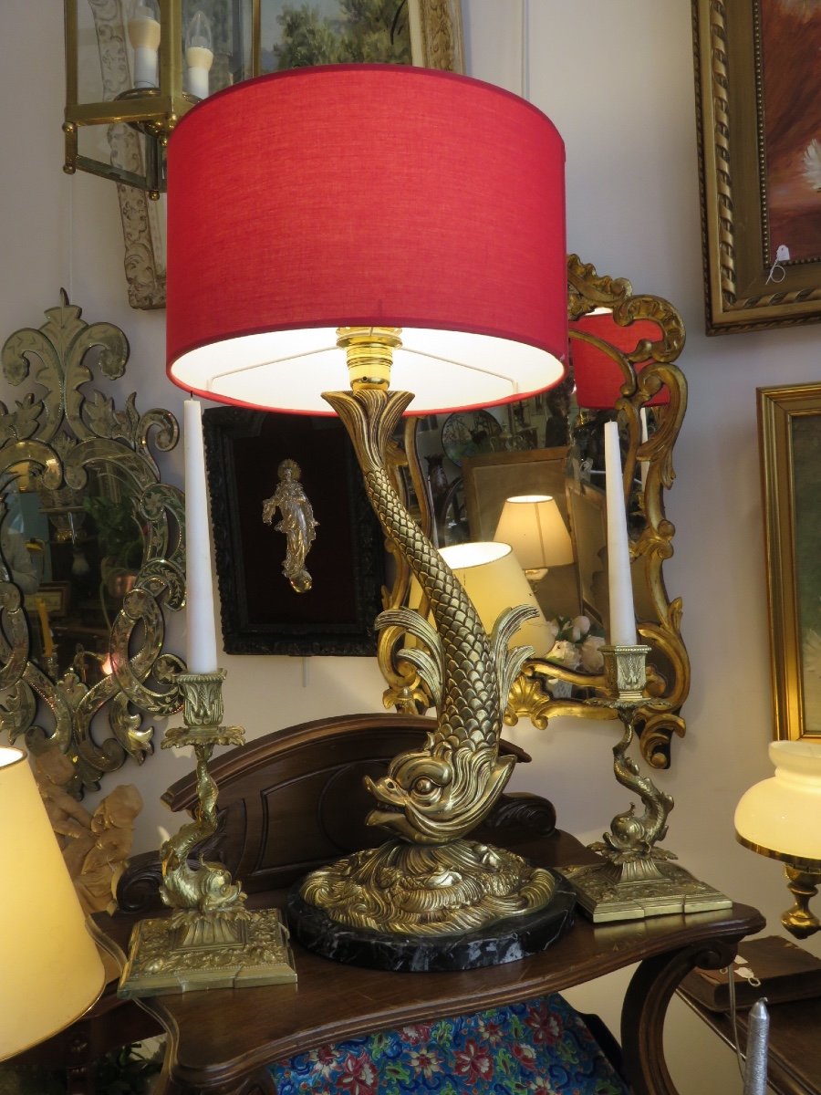 Lampe Dauphin en bronze doré  ( hauteur avec douille 53 cm)  socle en marbre XX ème -photo-8