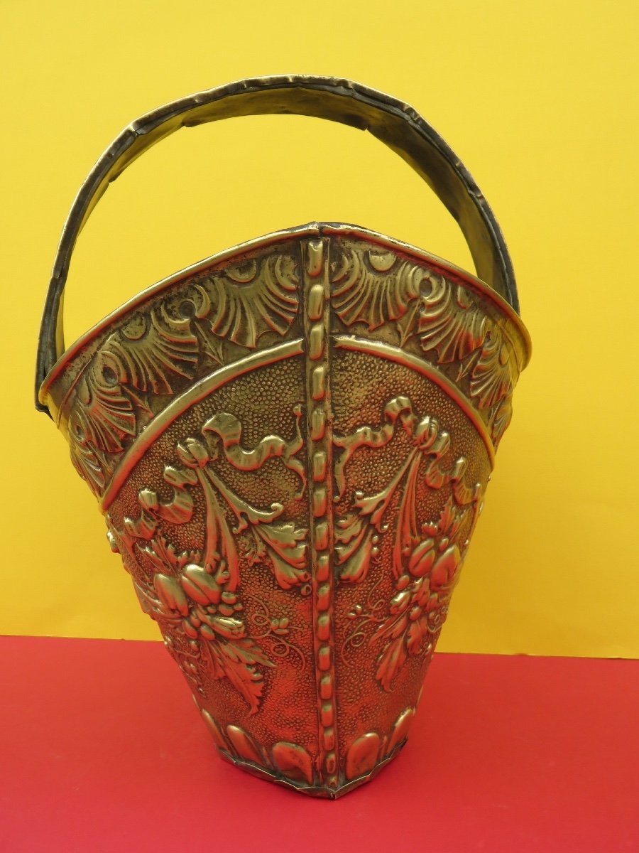 Basket With Embossed Brass Handle, Interior In Tinned Zinc, Early 20th Century-photo-3