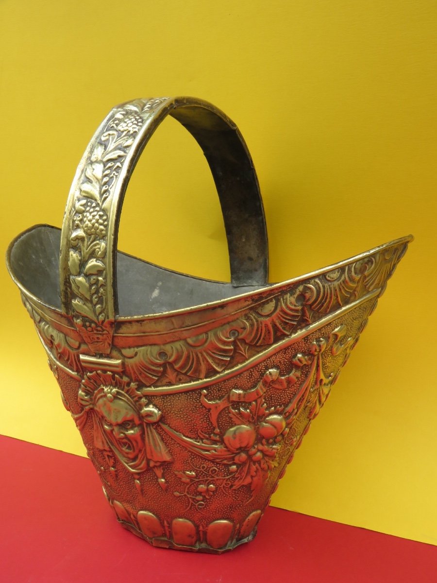 Basket With Embossed Brass Handle, Interior In Tinned Zinc, Early 20th Century-photo-4