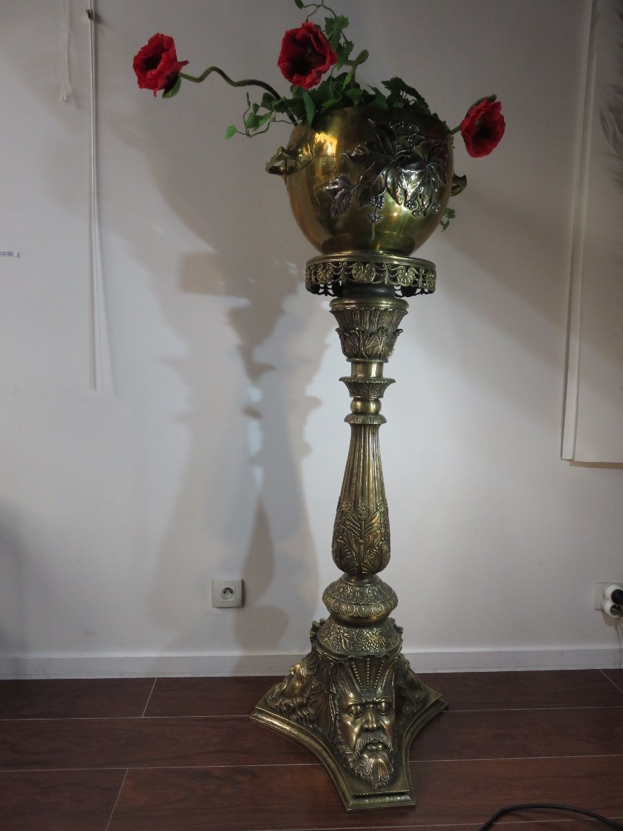 Sellette En Bronze à Décor De Trois Têtes d'Homme , Hauteur : 1,12 m de style Napoléon III , début XX ème -photo-2