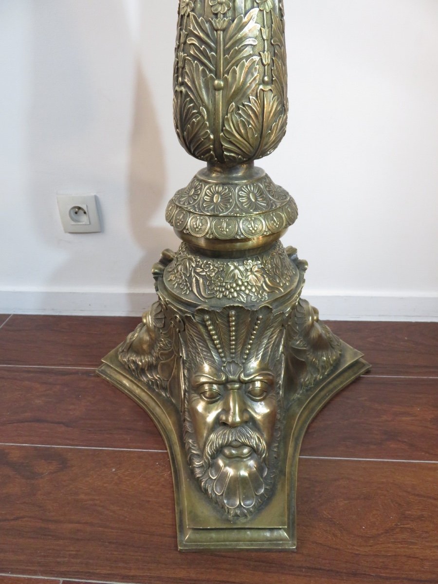Sellette En Bronze à Décor De Trois Têtes d'Homme , Hauteur : 1,12 m de style Napoléon III , début XX ème -photo-4