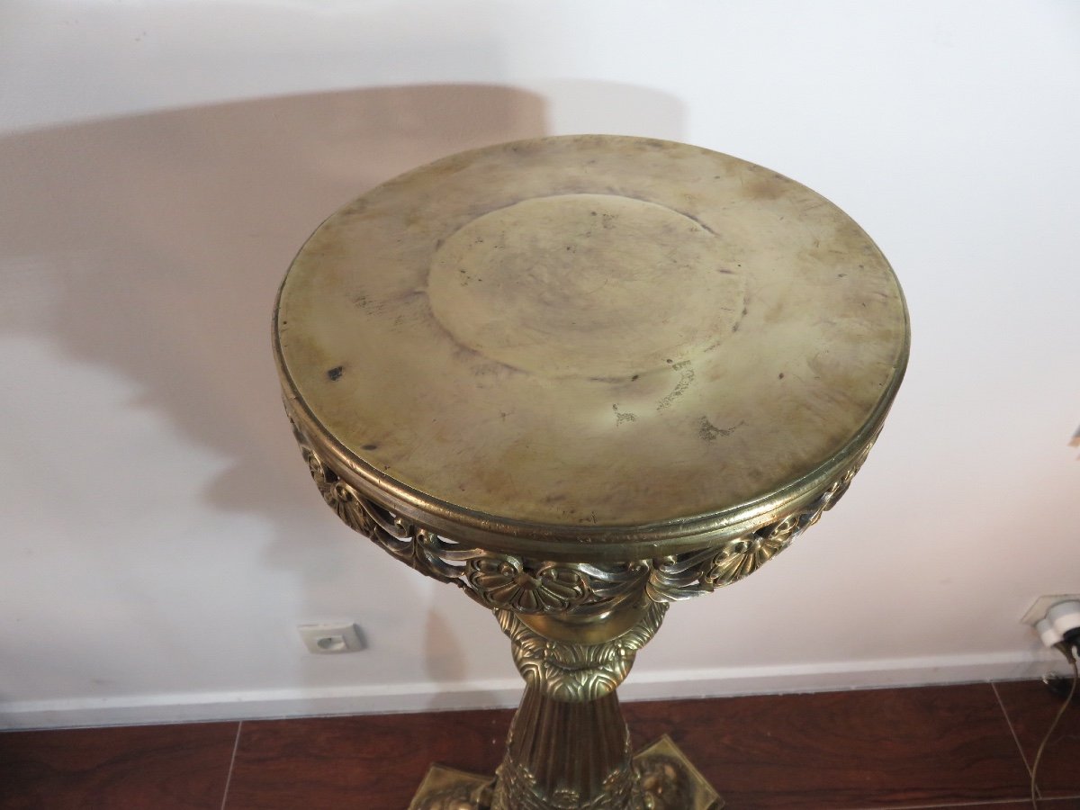 Sellette En Bronze à Décor De Trois Têtes d'Homme , Hauteur : 1,12 m de style Napoléon III , début XX ème -photo-3