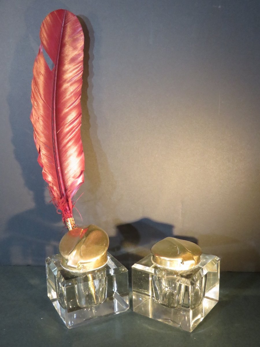 Encrier Art Nouveau en laiton et cuivre , les godets sont en cristal taillé -photo-4
