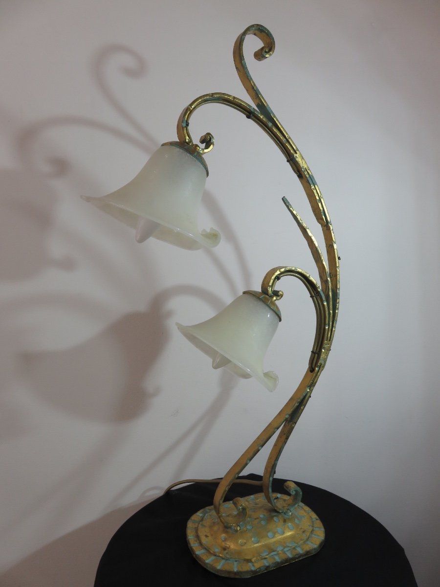 Lamp With Two Lights In Wrought Iron Decorated With Gold Leaf, Tulips Glass Paste Twentieth-photo-2
