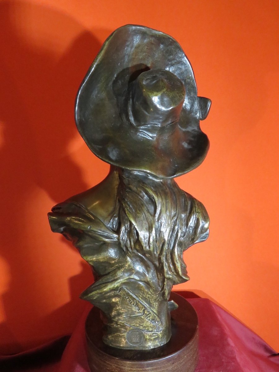 Bronze : Buste de jeune femme au chapeau de Van der Straeten ( 1856 - 1941)-photo-3