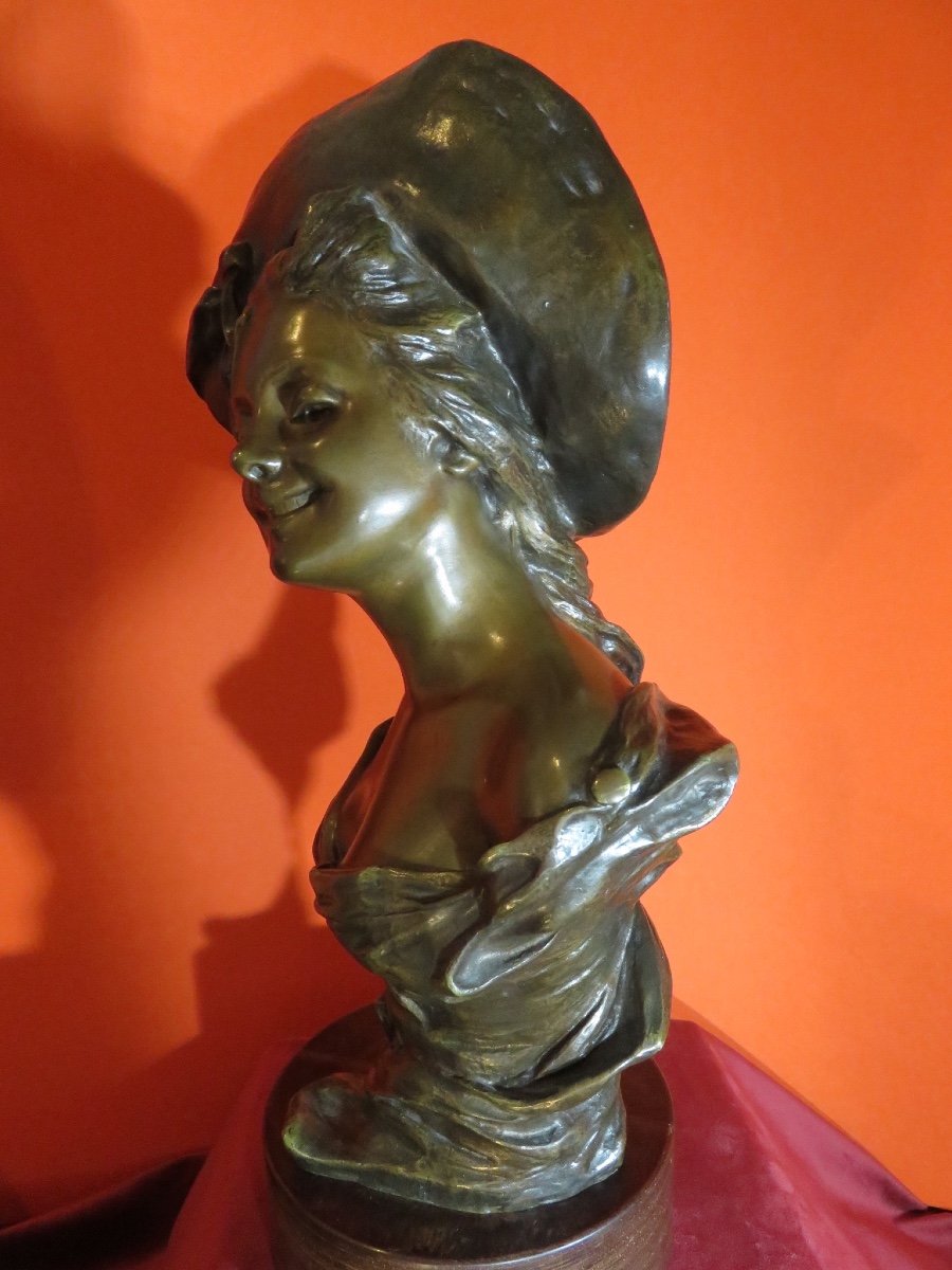 Bronze : Buste de jeune femme au chapeau de Van der Straeten ( 1856 - 1941)-photo-4
