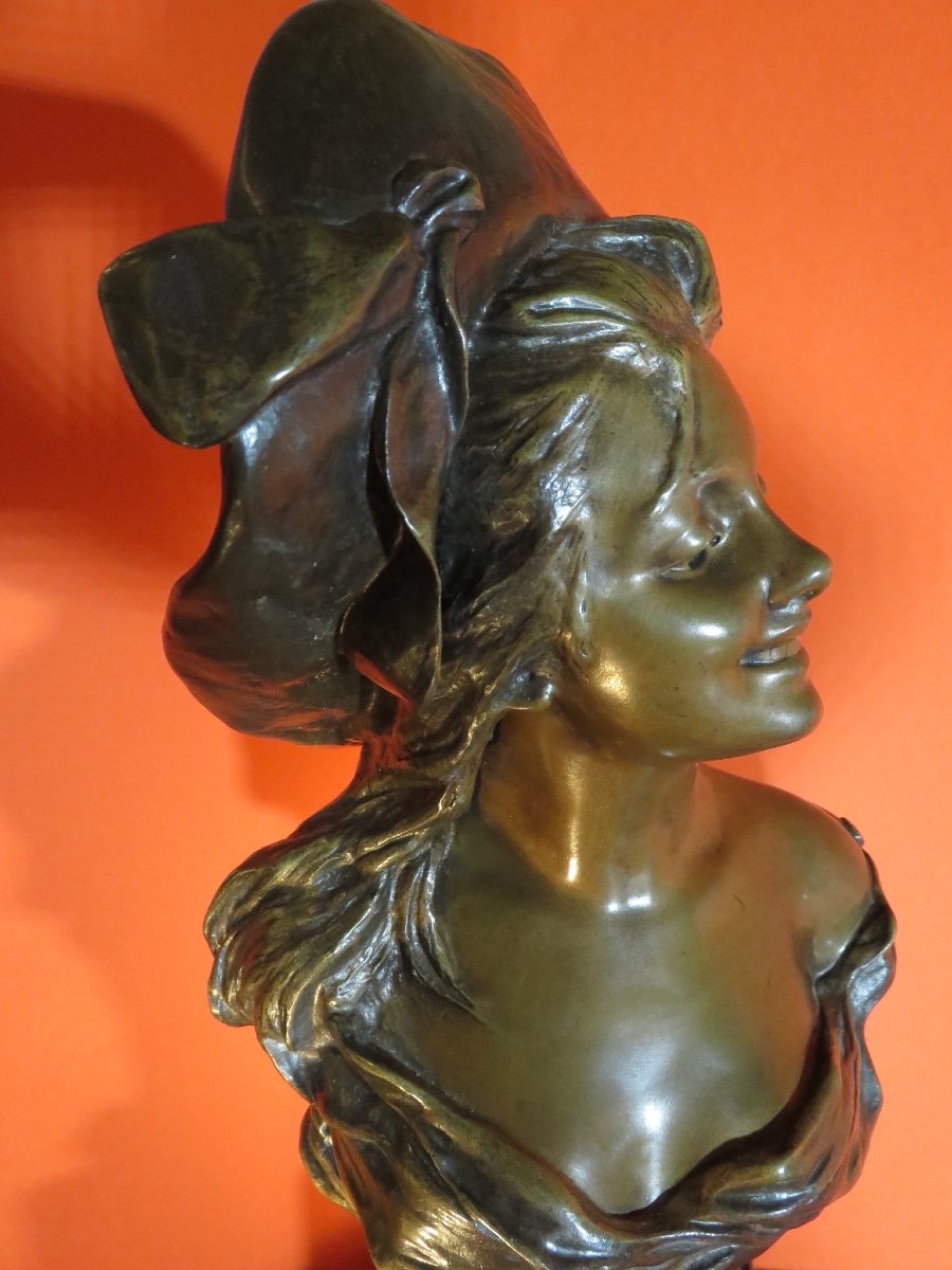 Bronze : Buste de jeune femme au chapeau de Van der Straeten ( 1856 - 1941)-photo-4