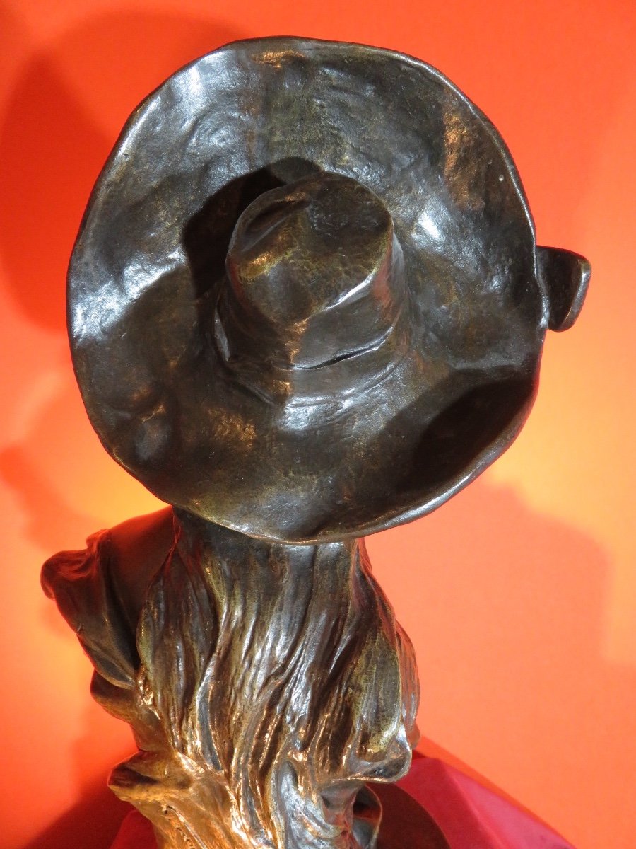 Bronze : Buste de jeune femme au chapeau de Van der Straeten ( 1856 - 1941)-photo-5