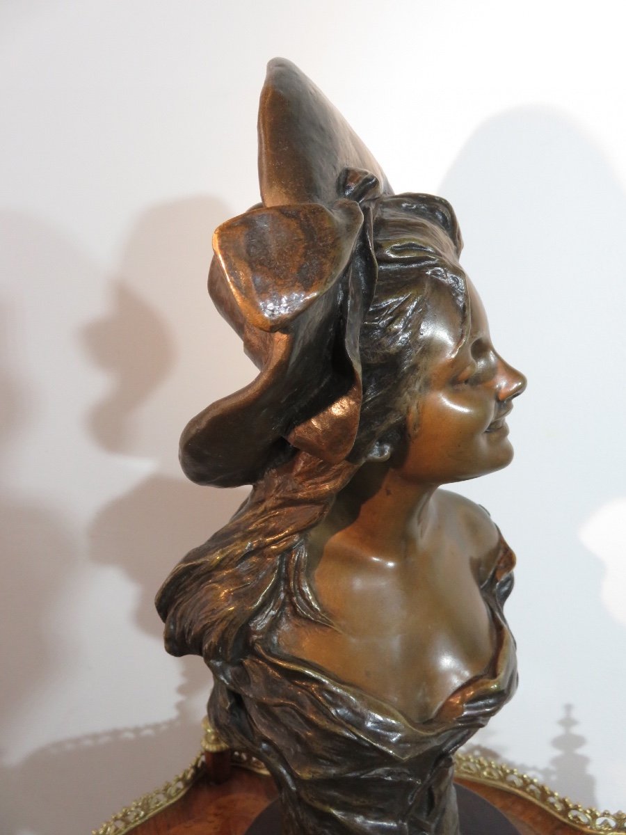 Bronze : Buste de jeune femme au chapeau de Van der Straeten ( 1856 - 1941)-photo-6